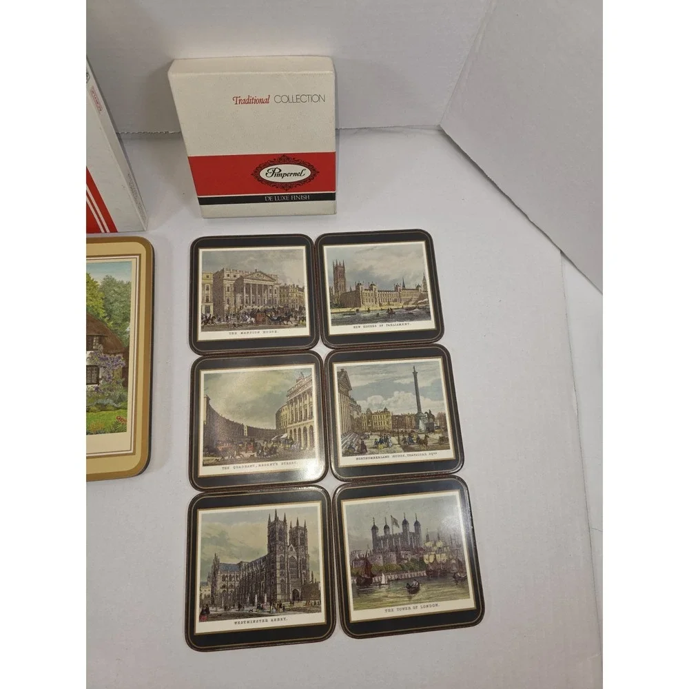 Pimpernel Cork Casserole Stand English Cottage & 6 Coasters  19th Century London